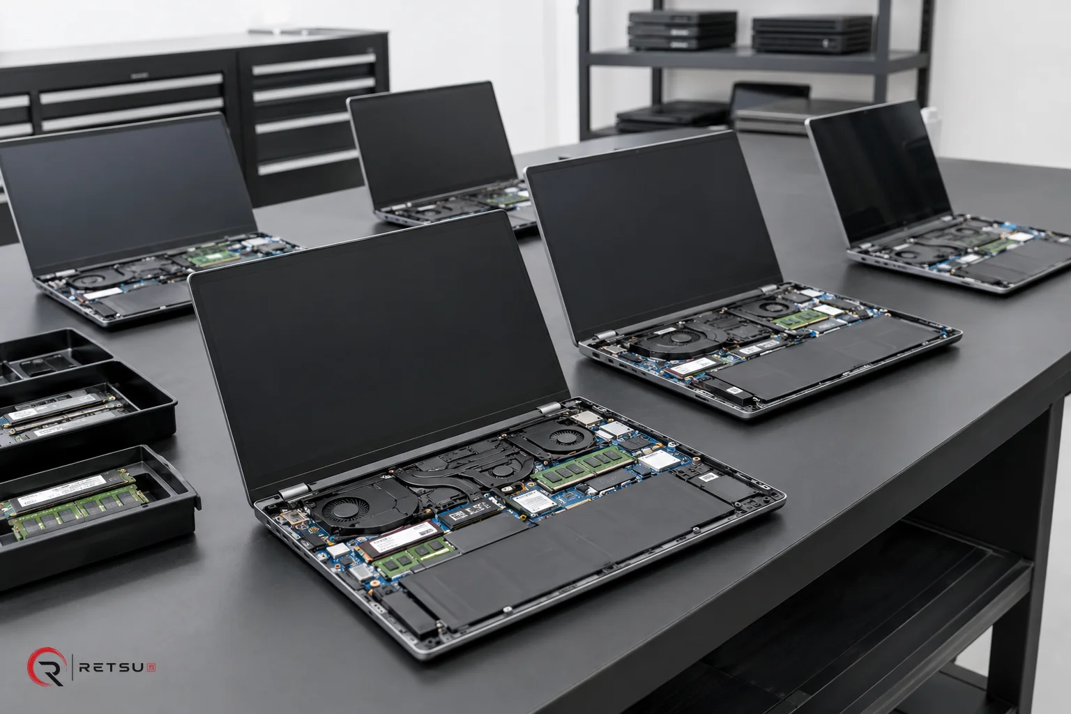 Multiple opened laptops showing internal hardware on a black workbench in a bright, professional IT workshop.