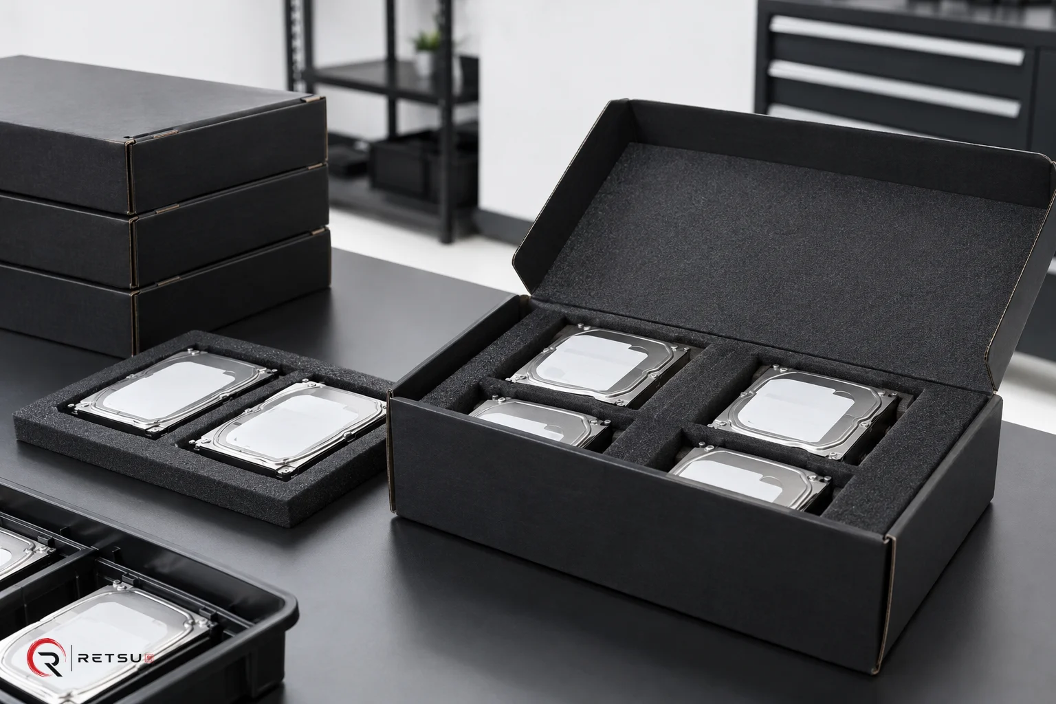 Equipment: intact hard disk drives, protected transfer in an IT workshop.