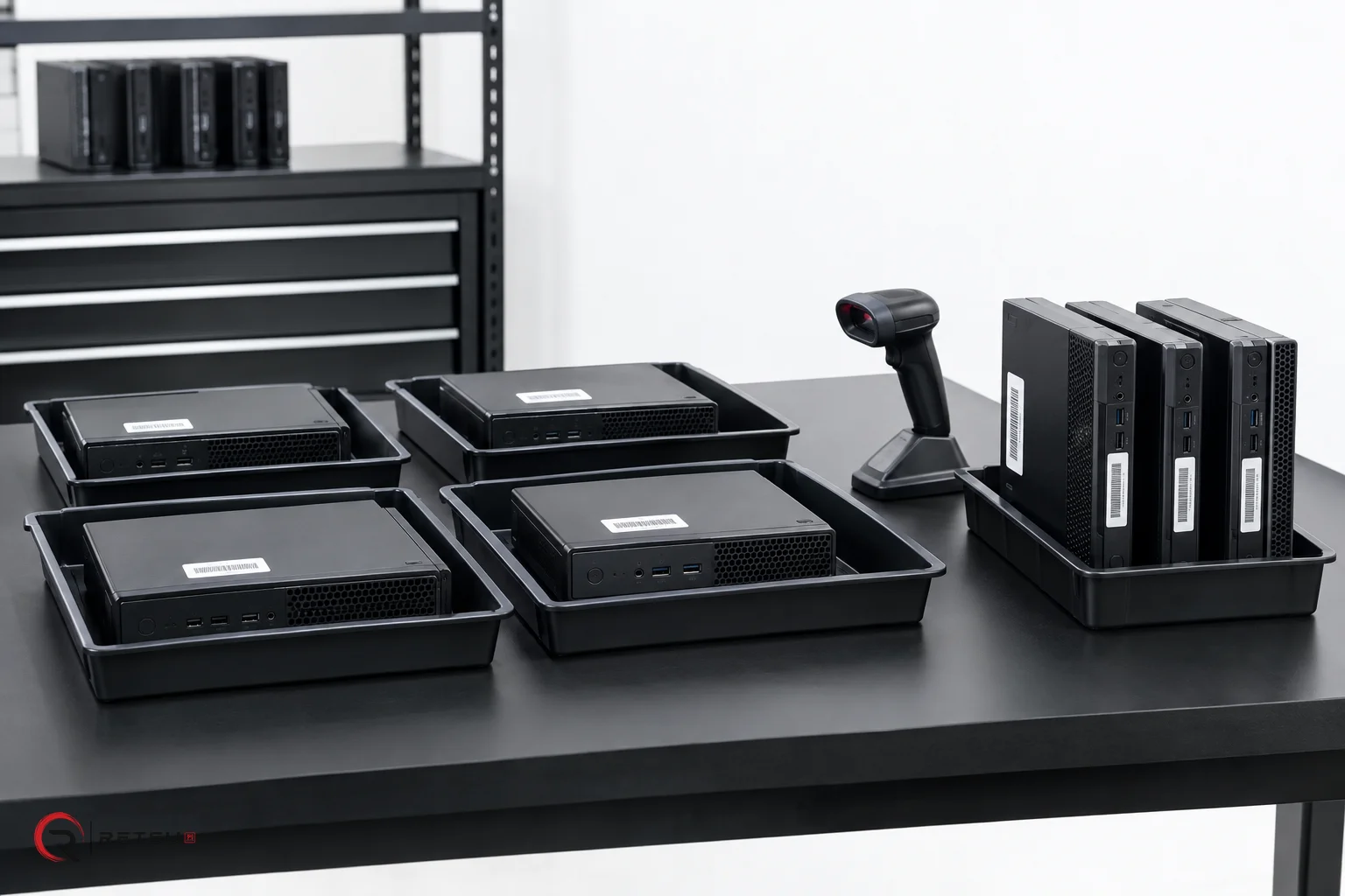 Equipment: compact desktop computers, asset scan in an IT workshop.