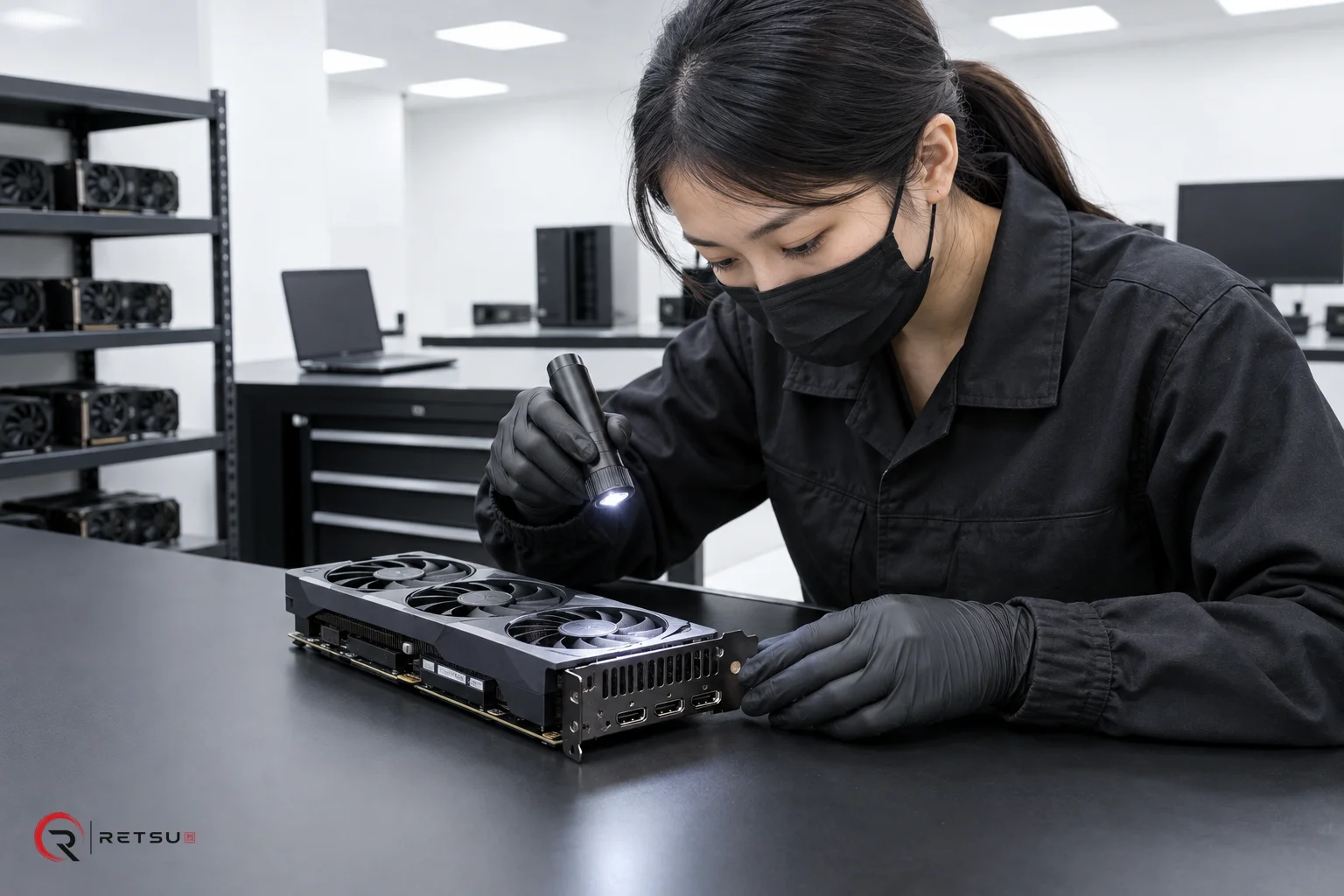 Black-gloved hands at work: intact hard disk drives, casing check in an IT workshop.