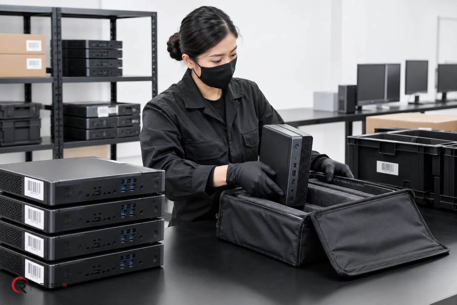 Masked technician at work: compact desktop computers, intake in an IT workshop.