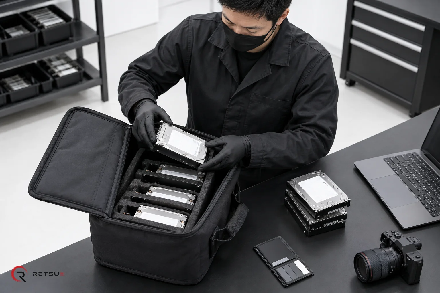 Masked technician at work: intact hard disk drives, intake in an IT workshop.