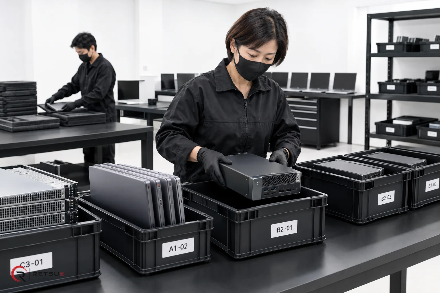 Masked technician at work: compact desktop computers, location placement in an IT workshop.