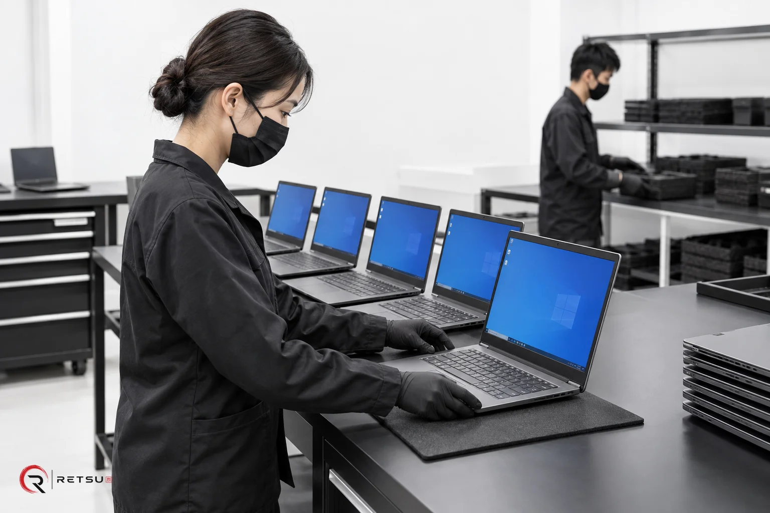 Masked technician at work: compact desktop computers, bench preparation in an IT workshop.