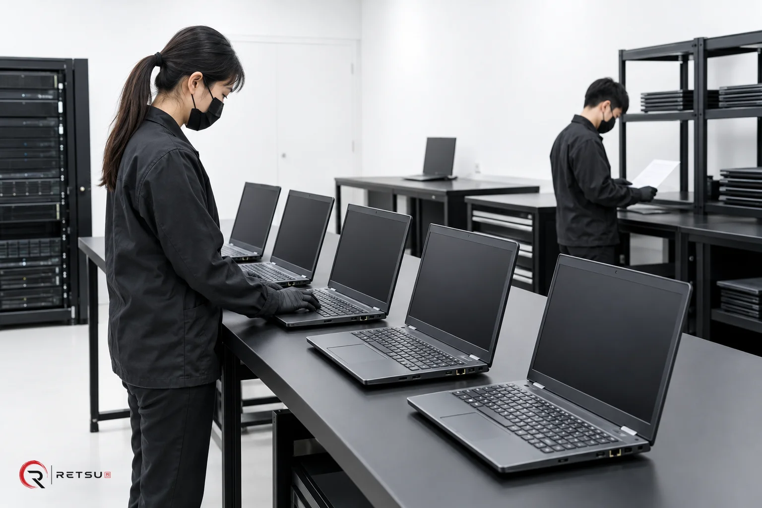 Equipment: closed enterprise servers, port inspection in an IT workshop.