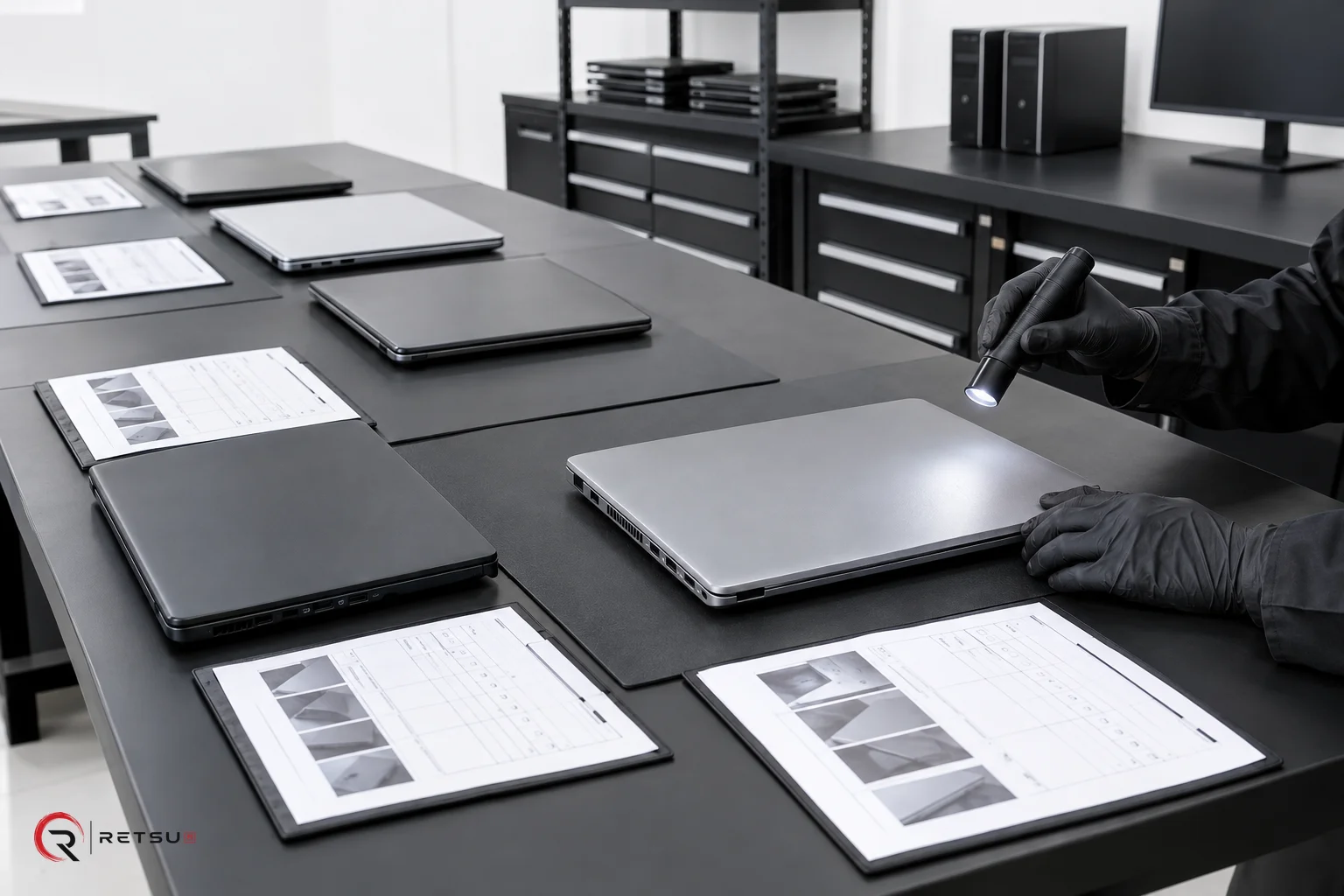 Black-gloved hands at work: compact desktop computers, surface grading in an IT workshop.